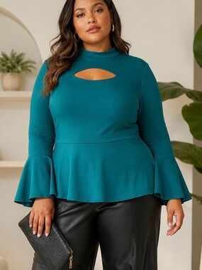 NWT Eloquii Emerald Green Peplum Cutout Bust Bell Sleeve Blouse Plus Size 18